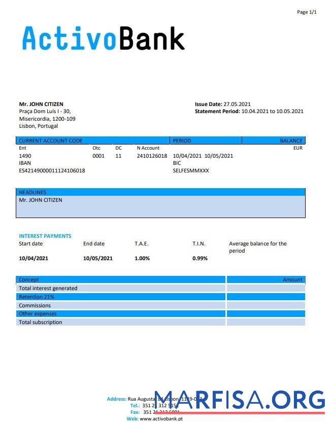 Blank Portugal Banco Activobank S.A. bank statement word download for verification